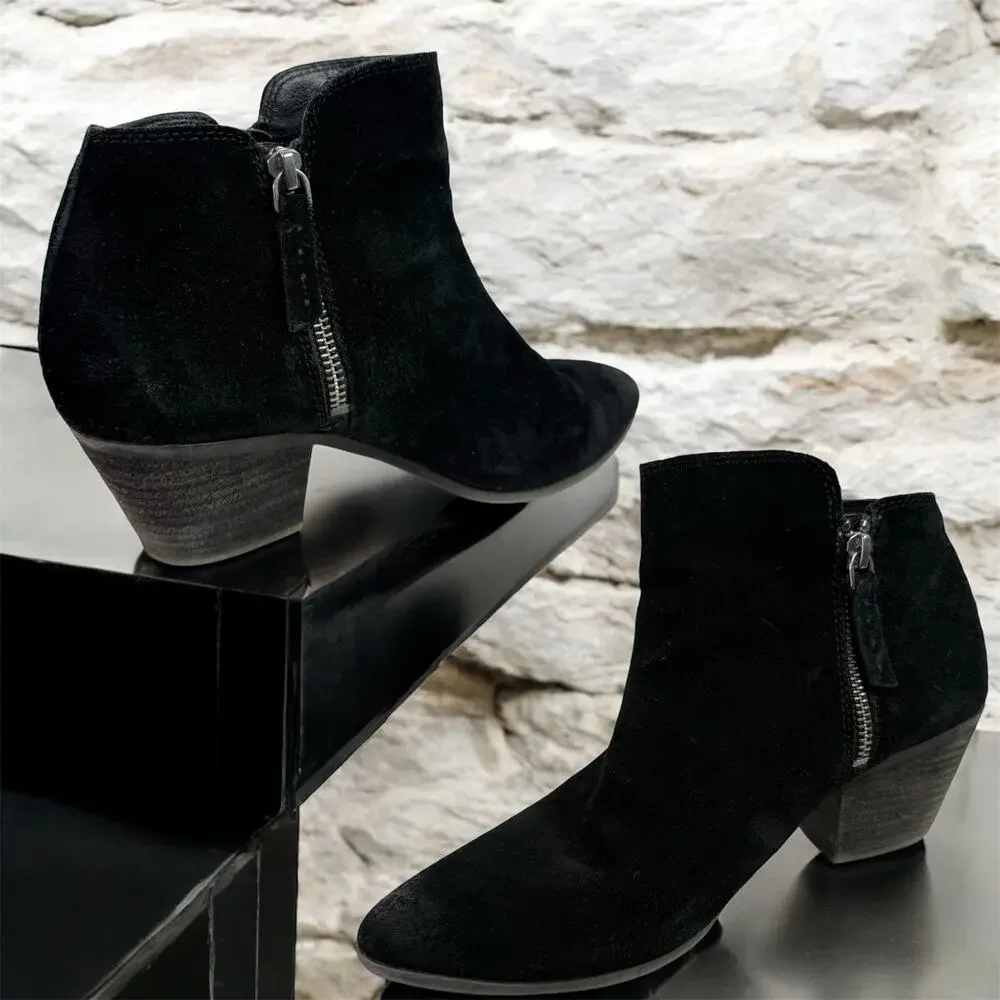 Frye Women's 8M Double Zip Slip on Black Suede Leather Ankle Heeled Booties